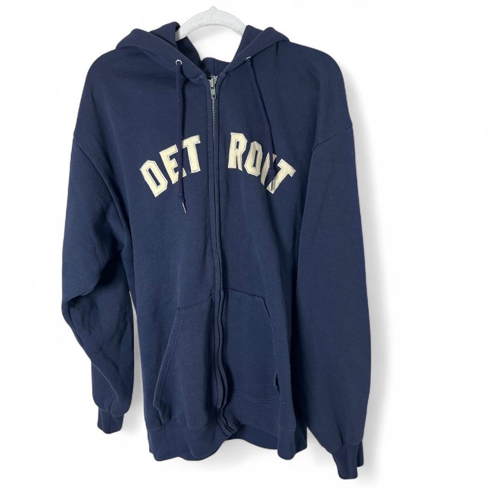 Detroit Navy Blue Zip Hoodie Mens Large Embroidered Graphic heavyweight